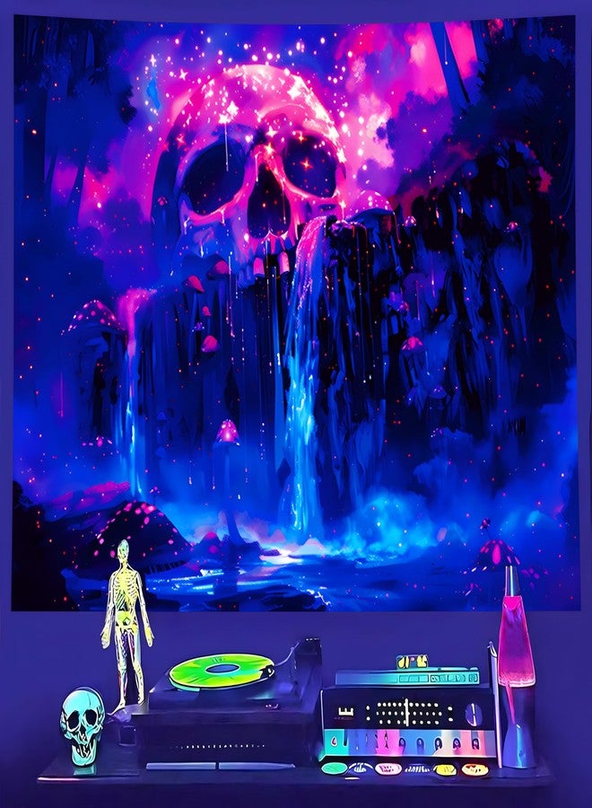 TUGCAY Blacklight Skull Waterfall Tapestry Mushroom Forest Tree Mountain Landscape Tapestry UV Reactive Galaxy Starry Night Tapestries for Bedroom Dorm Decor 60’’ x 50’’ - Image 2